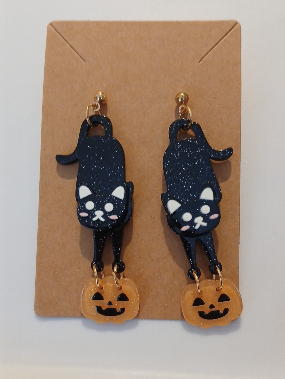 Fashion Jewelry Black Cat and Gold Pumpkin Drop Earrings